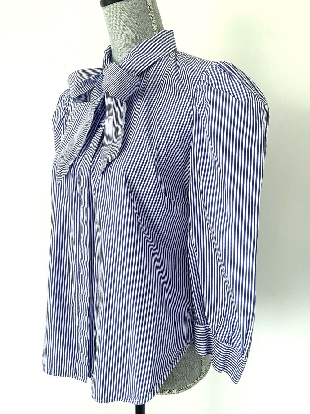 J. Crew x Thomas Mason Blue/White Striped Bow-Tie Blouse Sz 8 Puff Sleeve Preppy - Picture 5 of 13